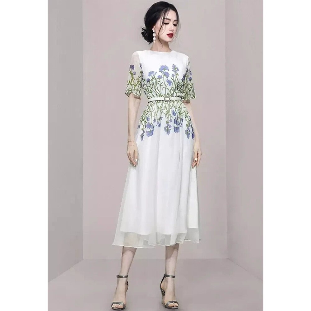 Feiman White Floral Chiffon Midi Dress Short Sleeve Blue Embroidery Size M - Picture 1 of 11